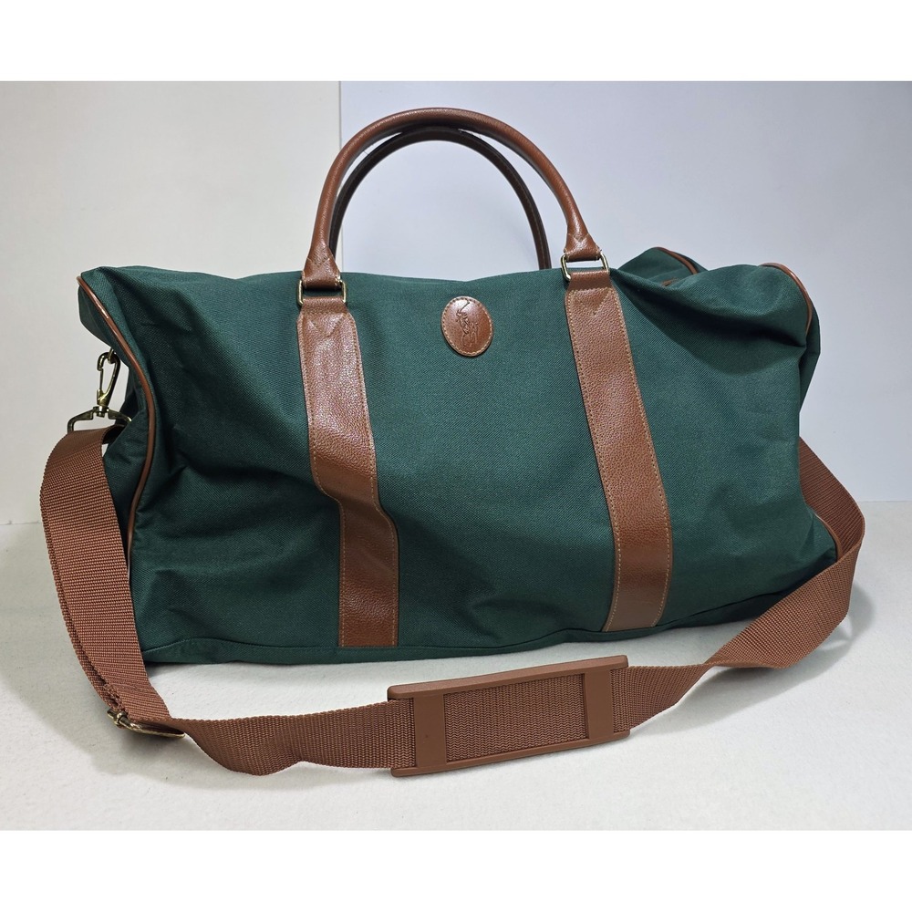 90s Polo Ralph Lauren Large Travel Duffel Bag Green Canvas Shoulder Strap